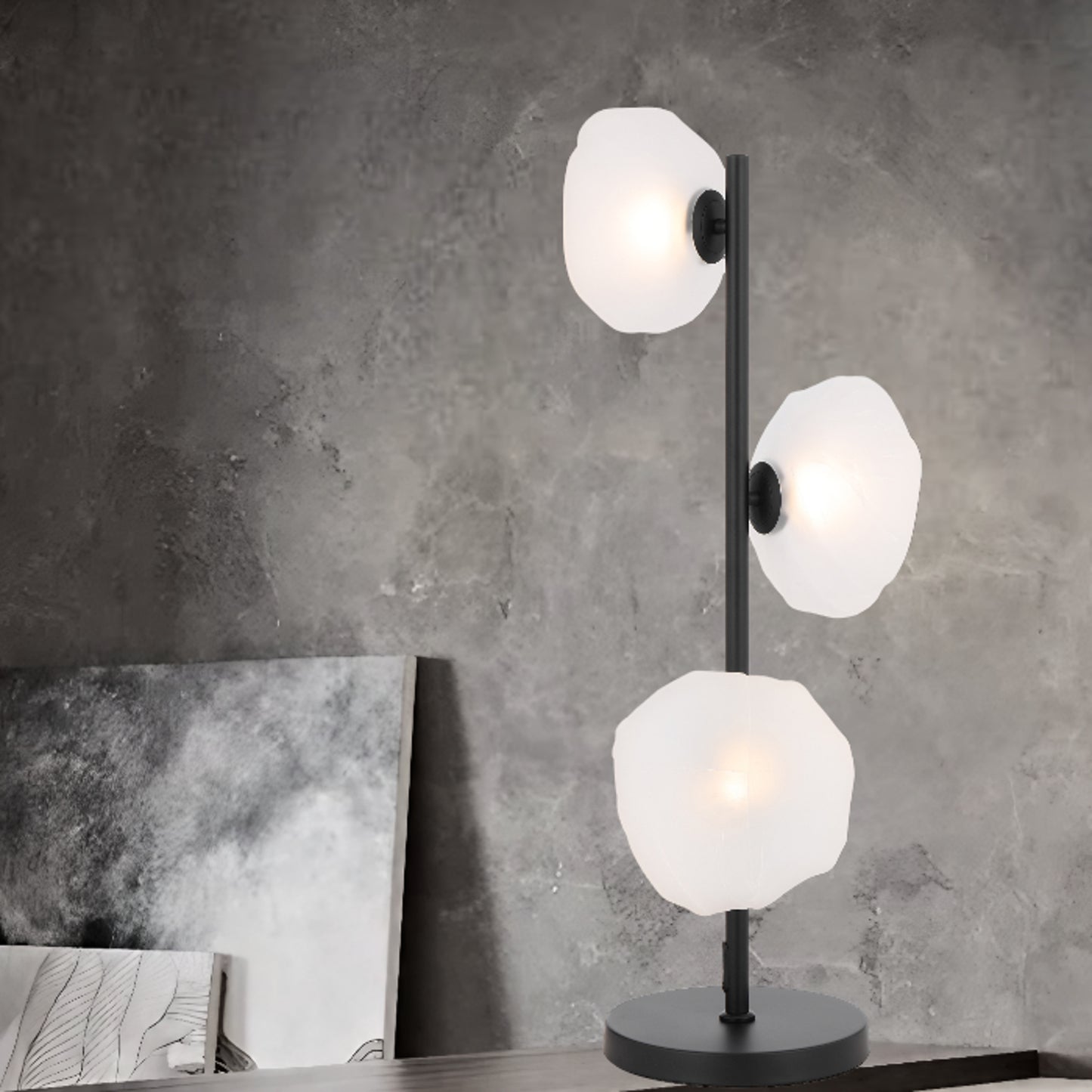 Stylish Calais table lamp with black frame and three frost glass lights