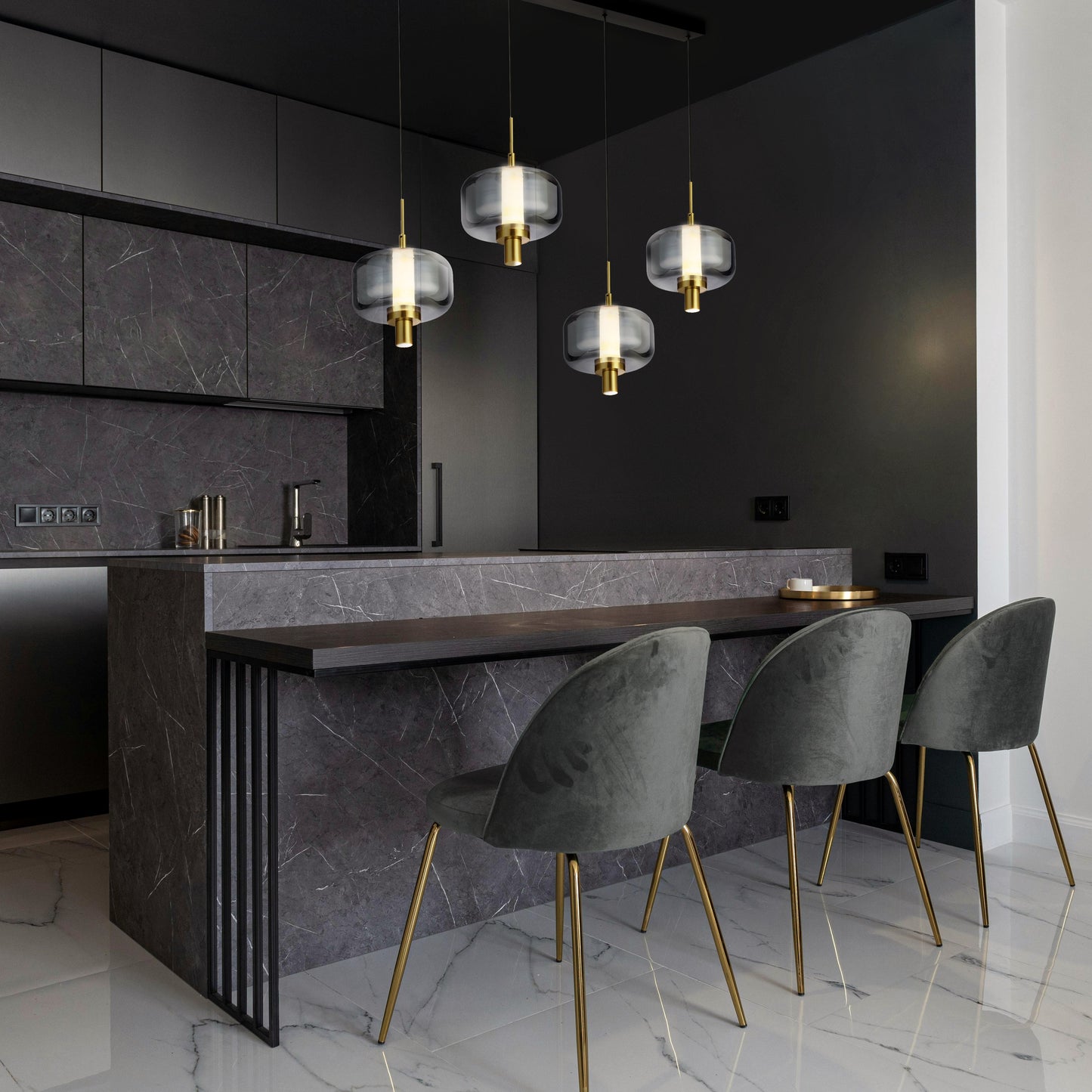 Almeria TFS 5-Light LED Pendant – Gold & Smoke Glass, 1450 Lumens