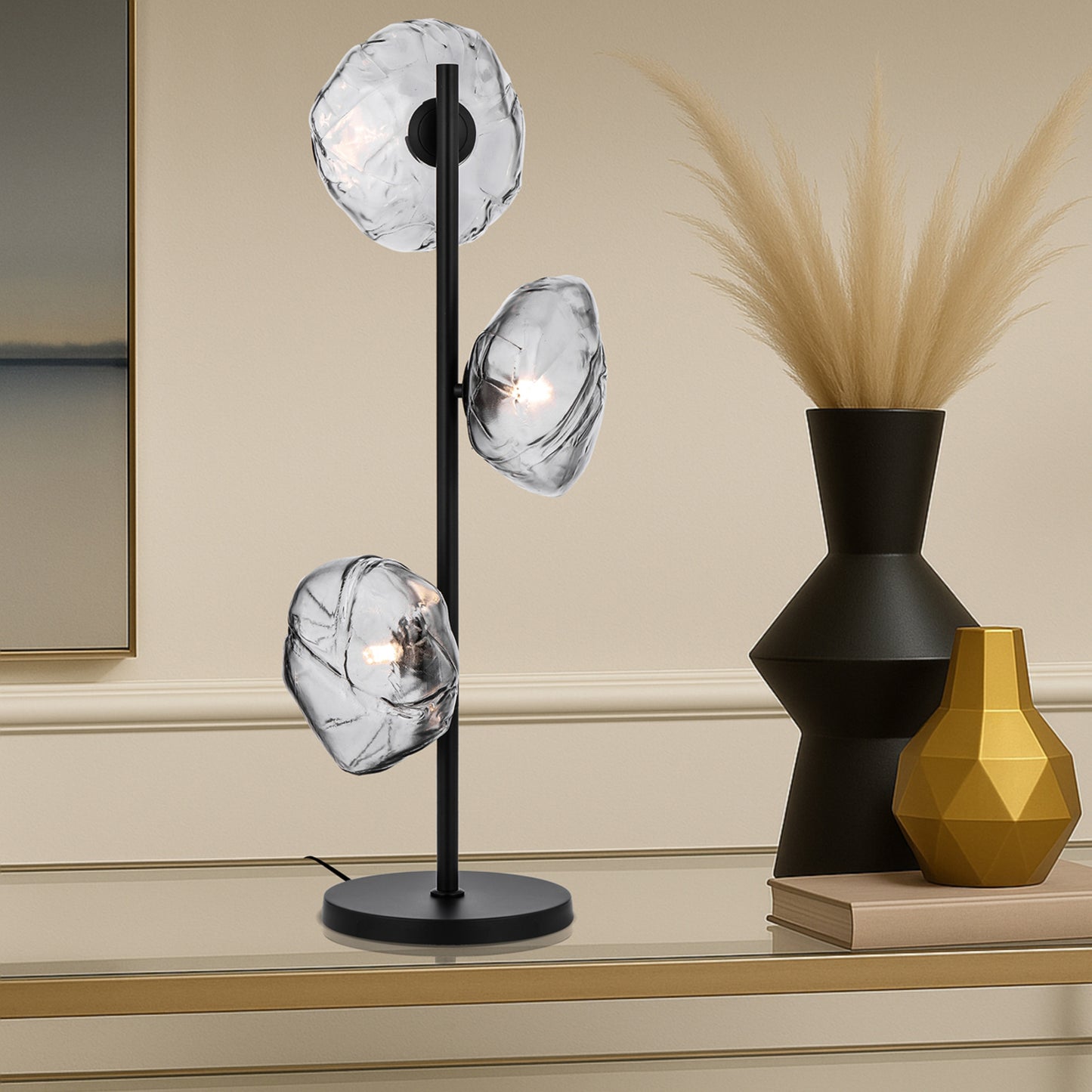 Decorative black table lamp with three G9 lights and smoke glass design