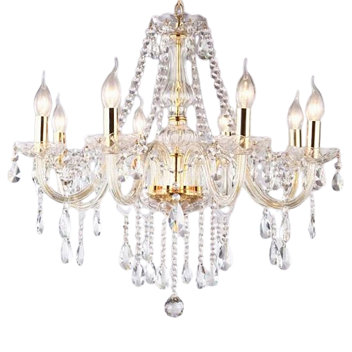 Eight-light gold chandelier with clear crystal details