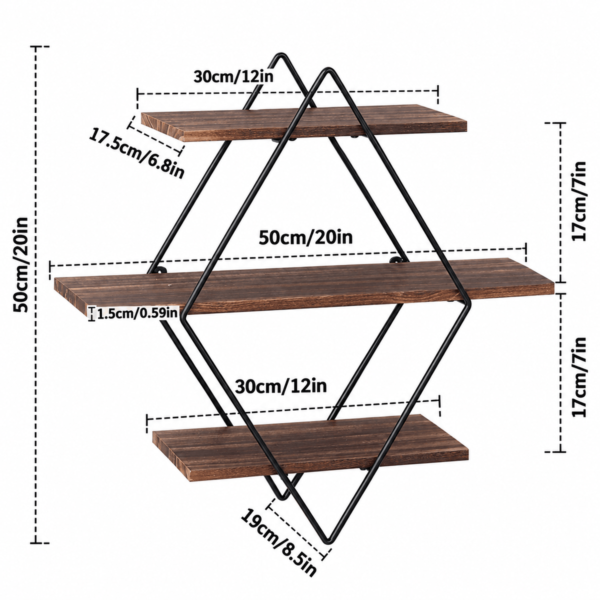 Dimensions diagram of the three tier diamond wall shelf showing overall size, shelf lengths and board depth