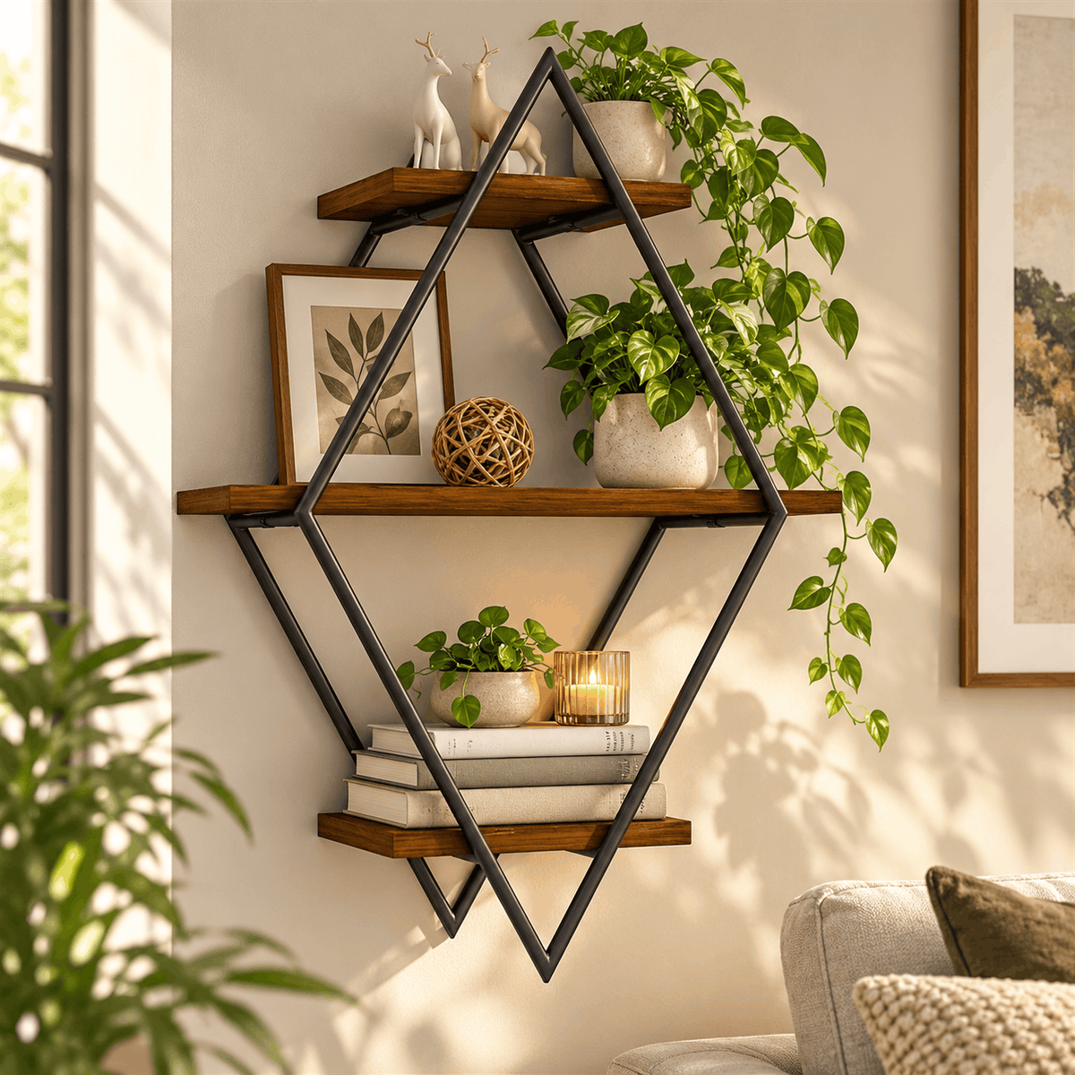 Rustic wooden three tier wall shelf with a black diamond frame holding plants, books, a candle and art in a living room