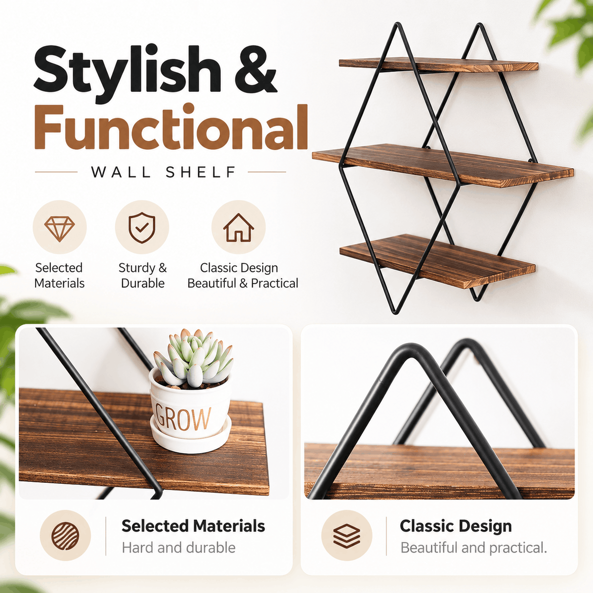 Close up collage of the wall shelf showing the wood grain of the shelf boards and the black metal diamond frame
