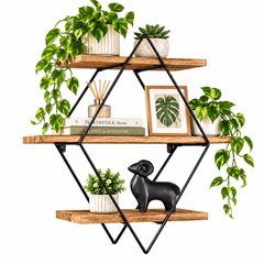 Three tier diamond wall shelf with brown wood boards and a black metal frame holding plants, a framed leaf print and decor