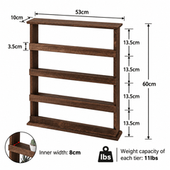 Dimensions diagram of the four tier wooden spice rack showing overall size, tier spacing and shelf depth