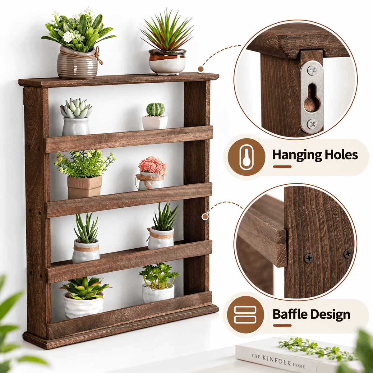 Collage of the wooden rack with small potted plants, a close up of the keyhole hanger and the front rail on each tier