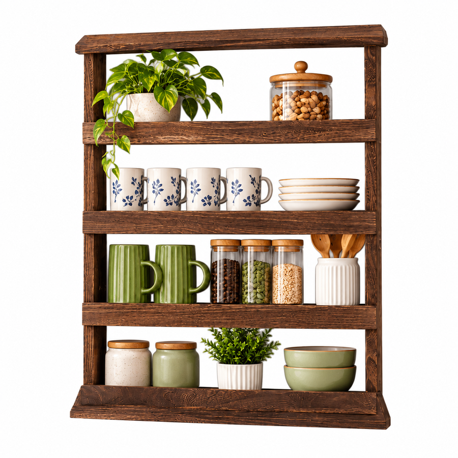 4 Tier Wooden Spice Rack Wall Mounted Rustic Brown Kitchen Shelf