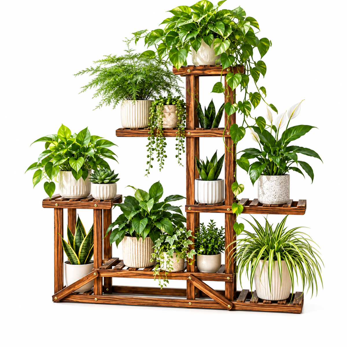 5-tier wooden plant stand in brown carbonized pine holding potted pothos, ferns and snake plants