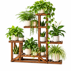 5-tier wooden plant stand in brown carbonized pine holding potted pothos, ferns and snake plants