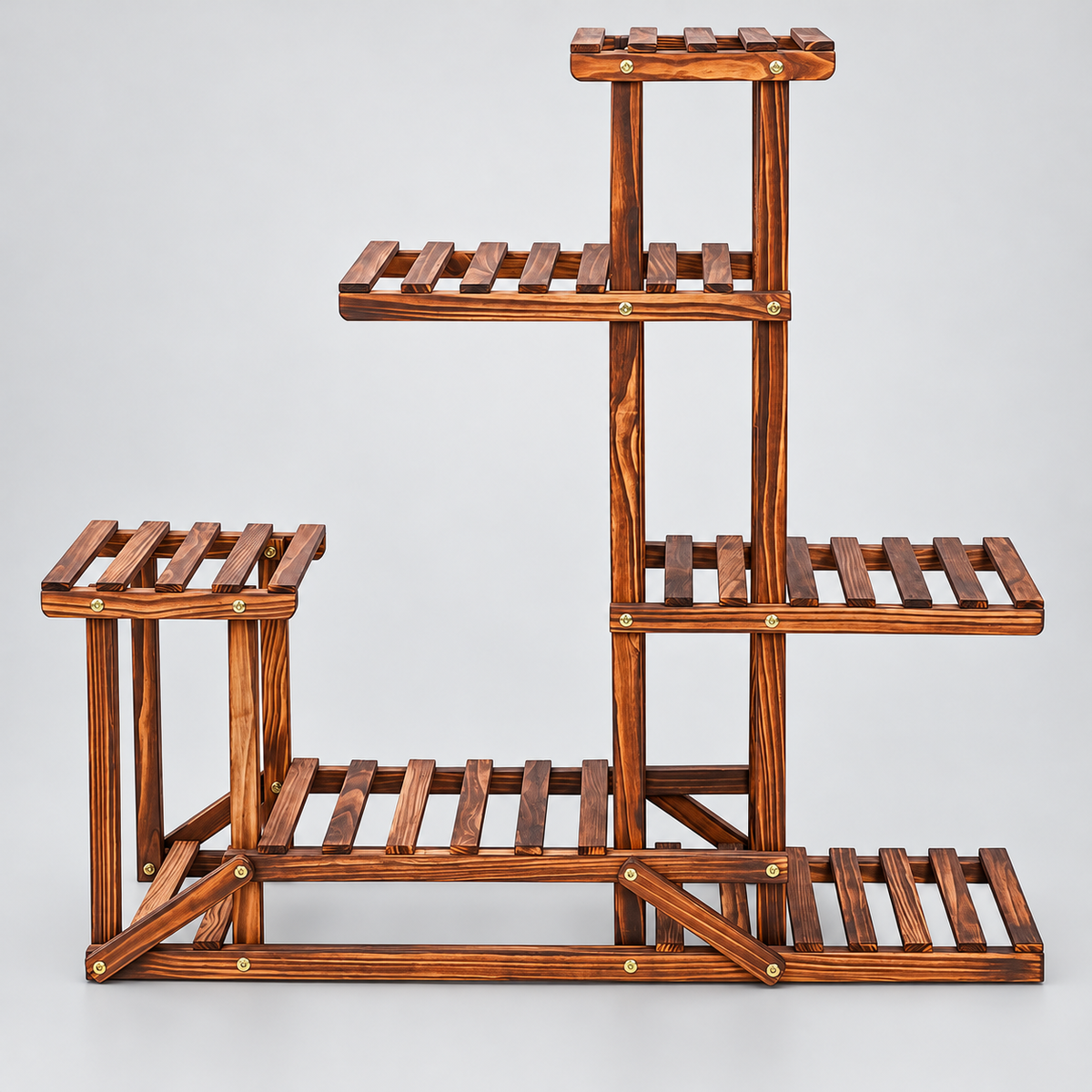 Empty 5-tier wooden plant stand front view showing slatted shelves and brass screws