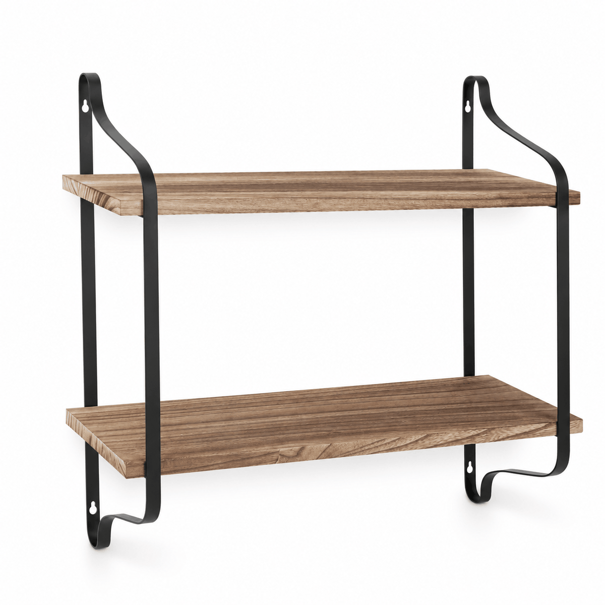 Two tier wall shelf with brown wooden boards and black curved metal brackets on a white background