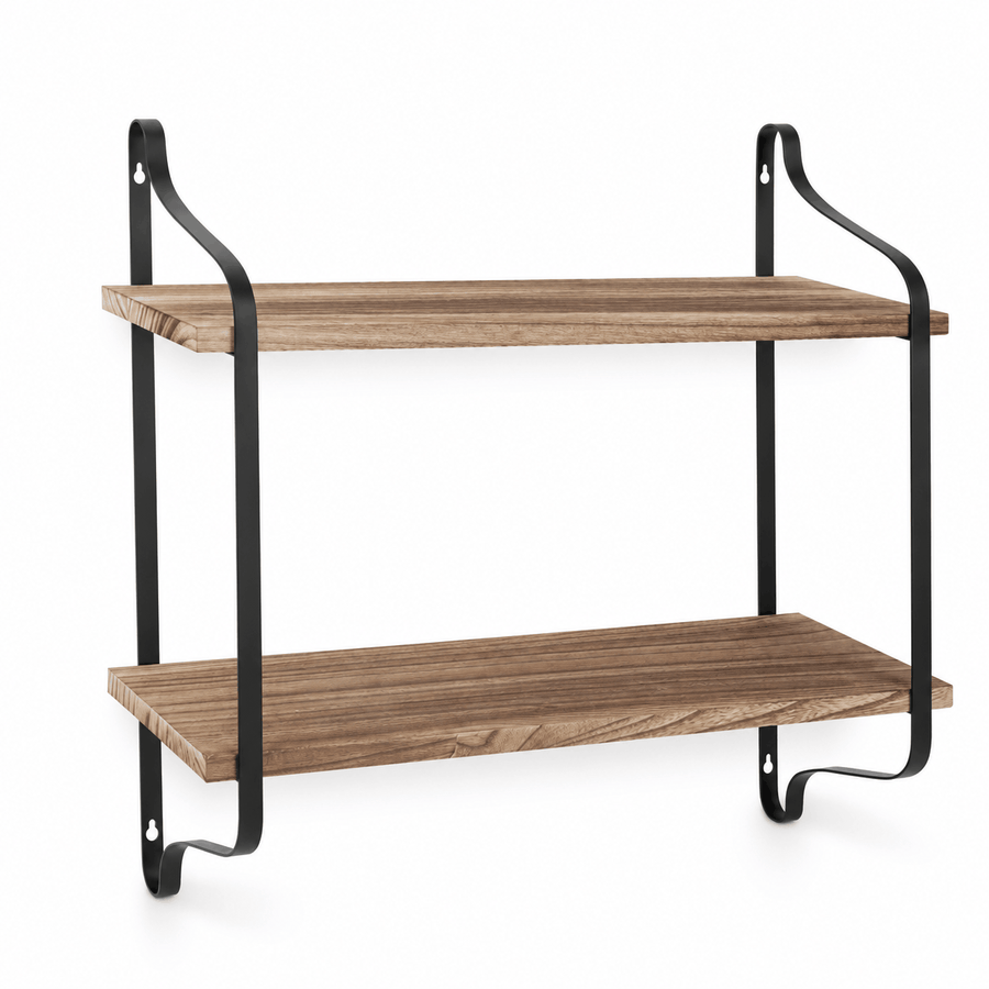 2 Tier Floating Wall Shelf Rustic Wood with Black Metal Brackets