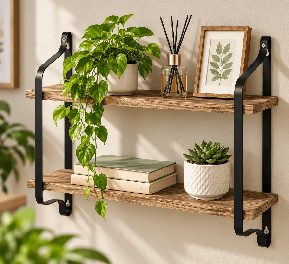Two tier wall shelf with rustic wood boards and black metal brackets holding a plant, a framed print, books and a diffuser