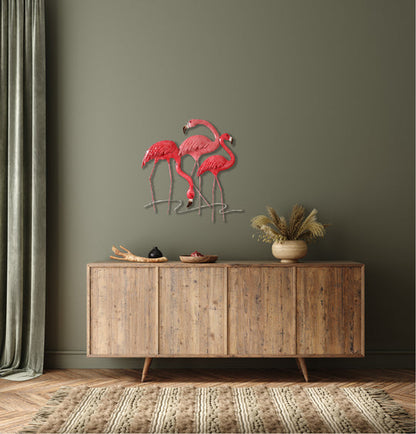 Coastal flamingo metal wall art with durable frame
