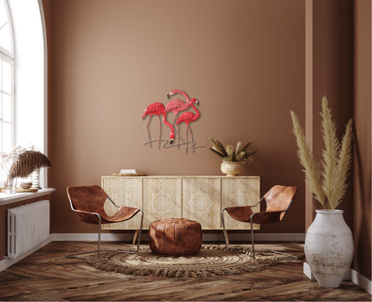Tropical flamingo metal wall art for living room décor