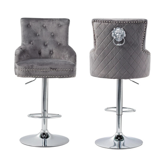 Gray velvet swivel bar stool with lion head accent