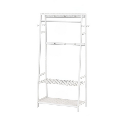 White bamboo clothes rack with three shelves and ten hooks