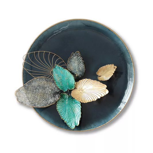 Multicolour round metal wall art with 3D leaf design