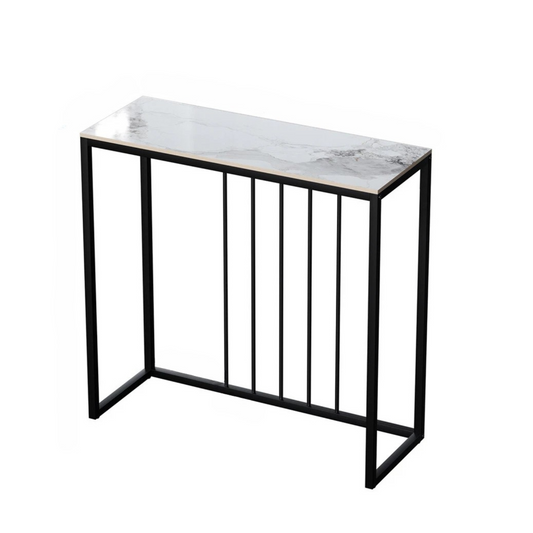 White emerald sintered stone console table with minimalist metal frame