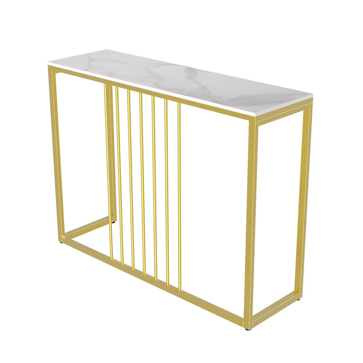 Narrow console table, sintered stone, golden frame, side angle