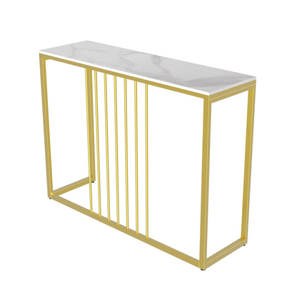 Narrow console table, sintered stone, golden frame, side angle