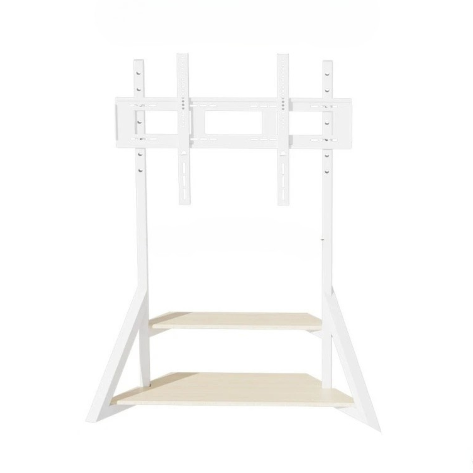 White heavy duty TV floor stand with two-tier shelves
