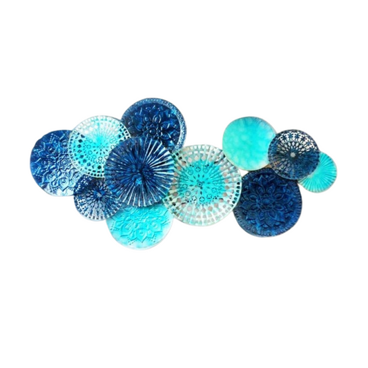 Blue and aqua multi-circle metal wall art with 3D design