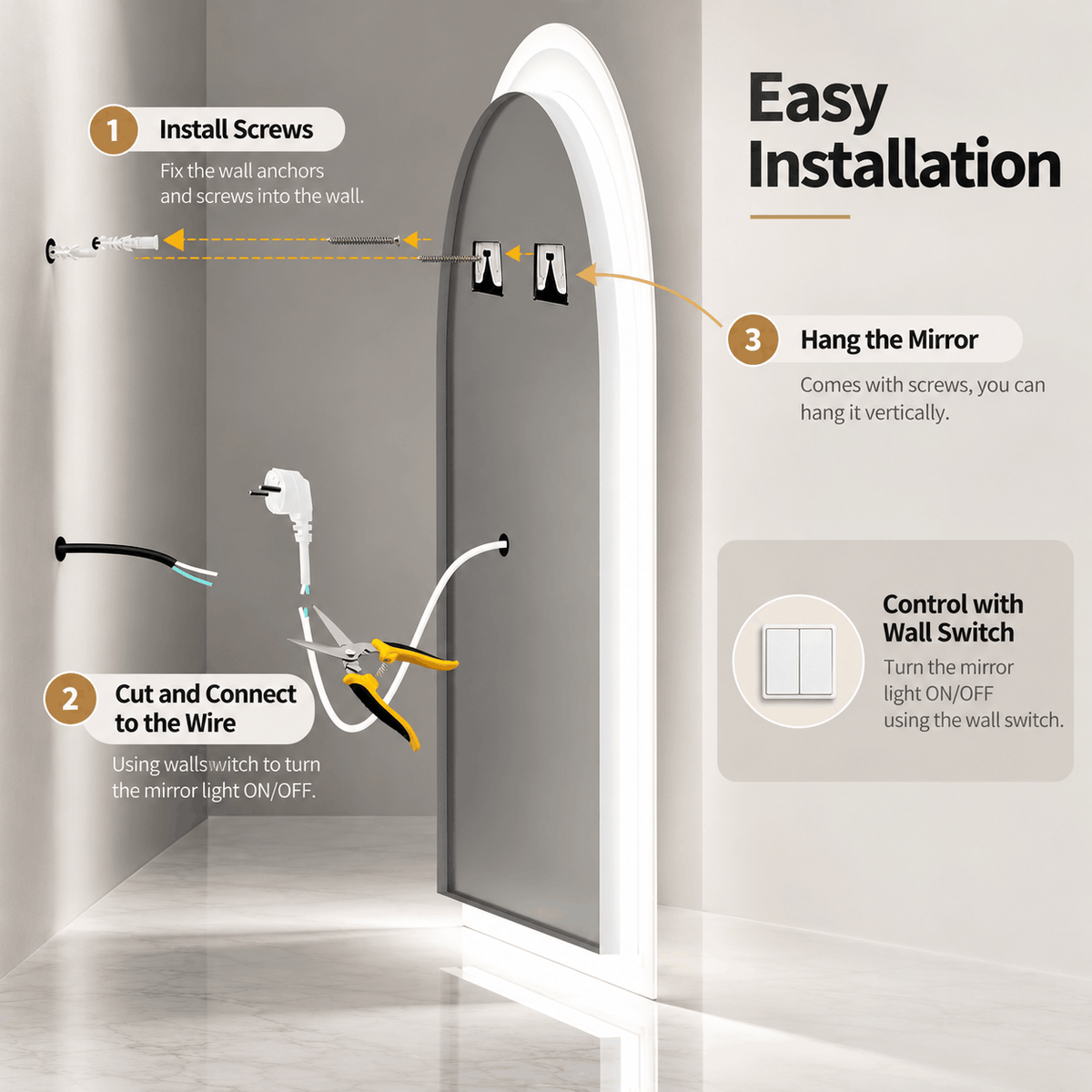 Installation guide showing wall anchors and screws, hanging the arched mirror and connecting its power cable to a wall switch