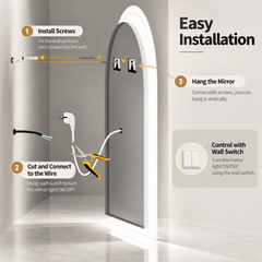 Installation guide showing wall anchors and screws, hanging the arched mirror and connecting its power cable to a wall switch