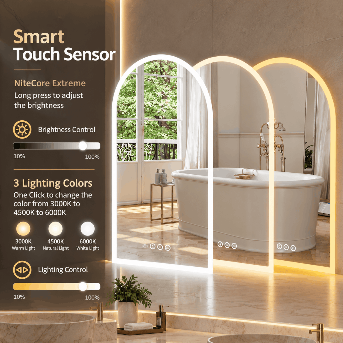 Three arched LED mirrors lit in warm, natural and cool light beside icons for touch brightness and light colour control