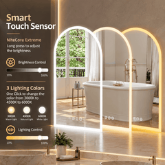 Three arched LED mirrors lit in warm, natural and cool light beside icons for touch brightness and light colour control
