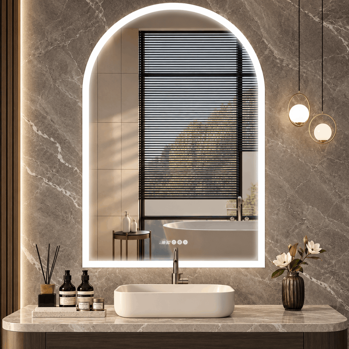 Arched LED mirror with a bright light edge and a small time display above a vessel sink on a stone vanity