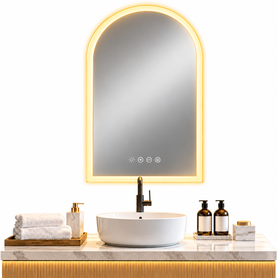 Arched LED Bathroom Mirror Time Temperature Anti Fog Dimmable