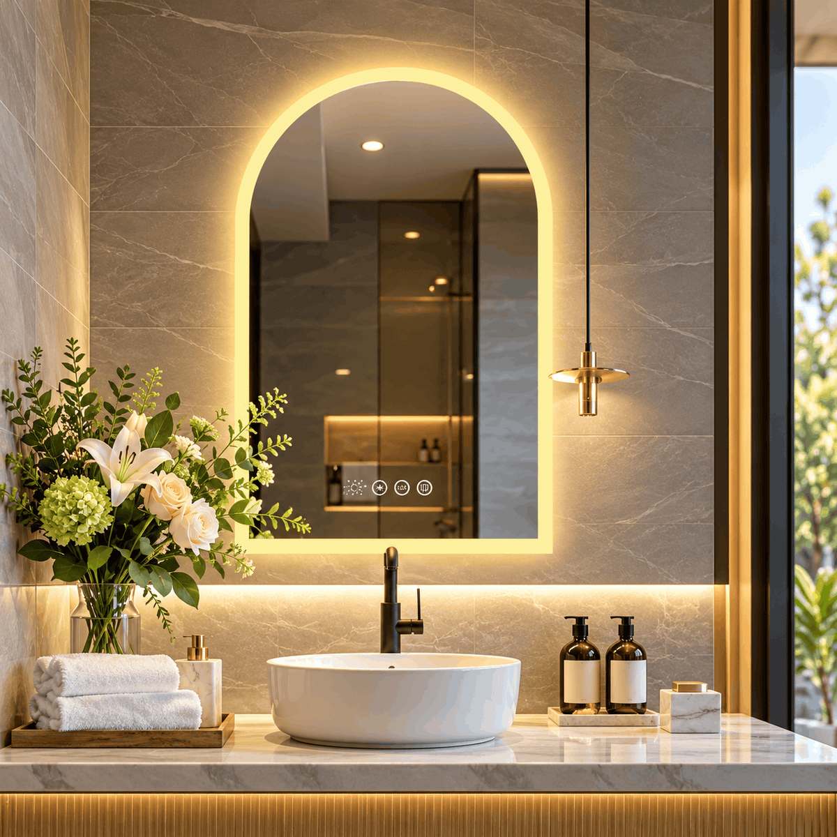 Arched LED mirror with a warm yellow glow above a vessel sink, flowers, towels and soap bottles in a tiled bathroom