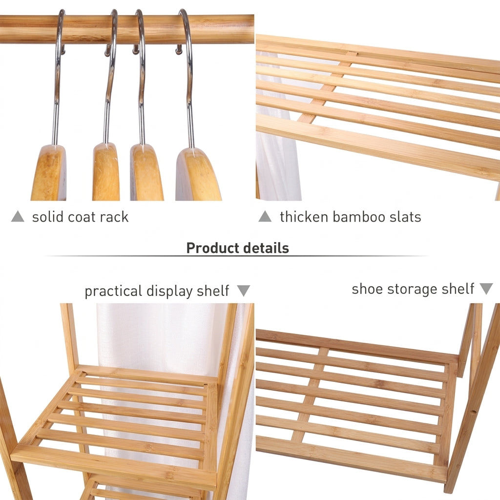 Four-panel close-up of the bamboo wardrobe rack showing the hanging rail, bamboo slat shelves and shoe shelf