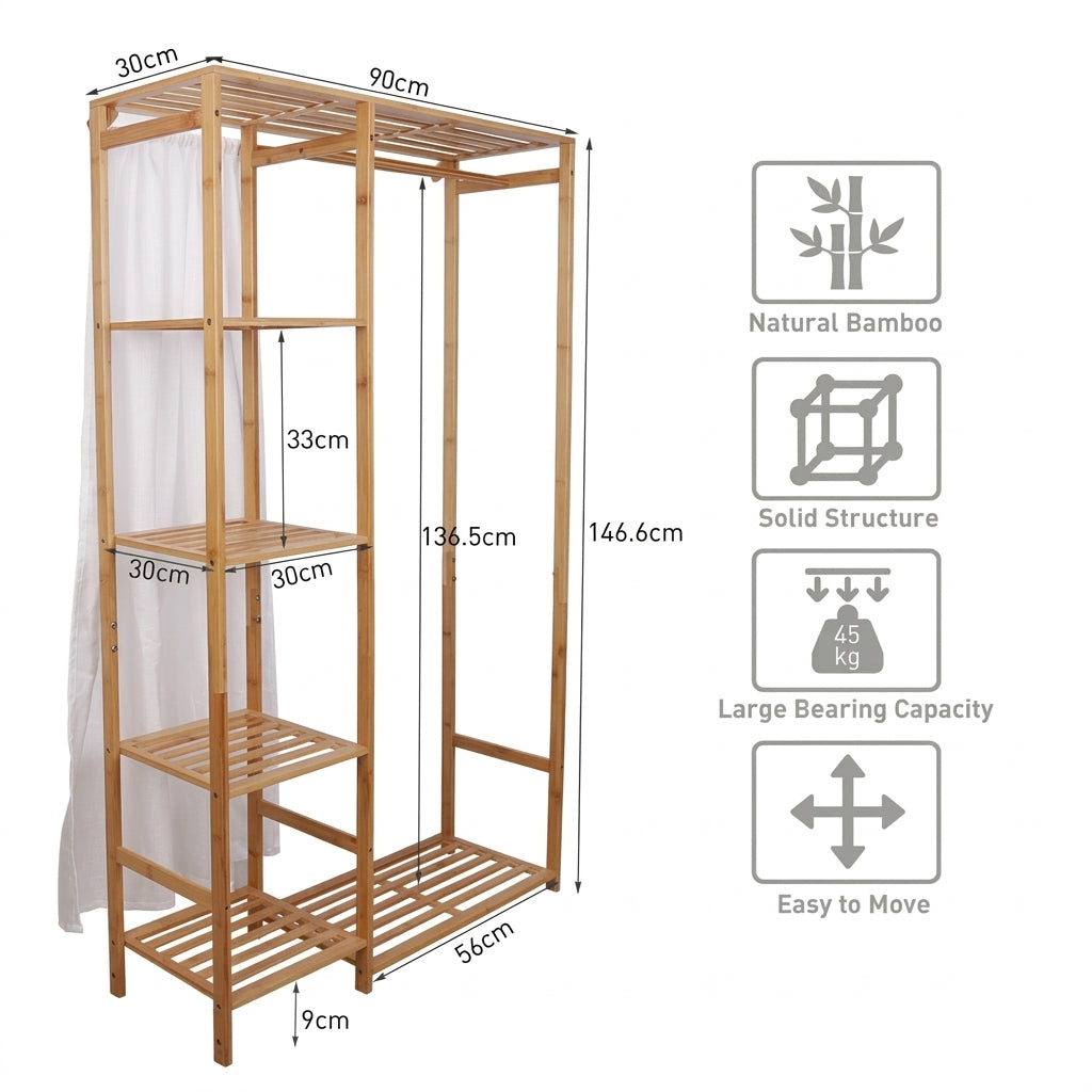 Bamboo open wardrobe clothes rack dimensions diagram with a dustproof curtain, side shelves and load capacity icon