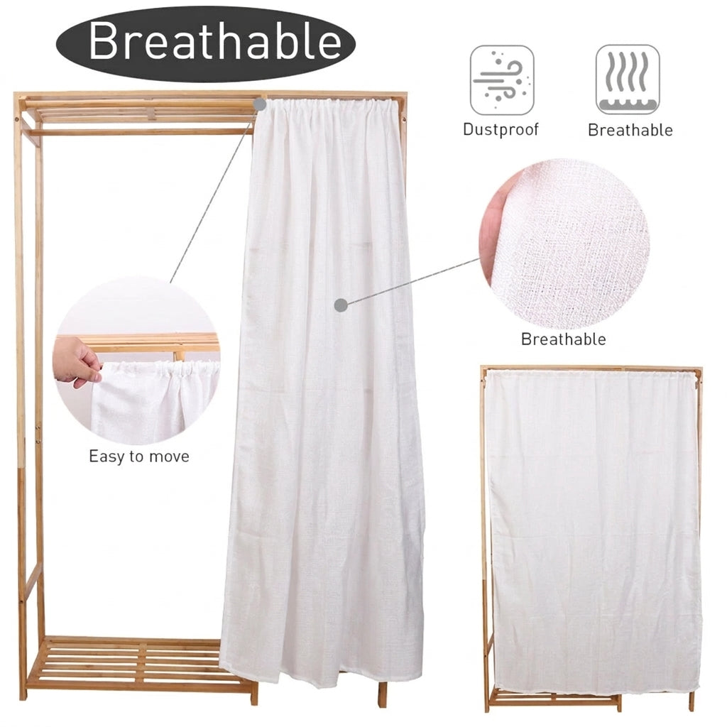 Bamboo open wardrobe rack with a white dustproof curtain pulled across the front and a close-up of the curtain fabric