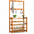 Bamboo Coat and Shoe Rack, 5-Tier Entryway Stand with 8 Hooks