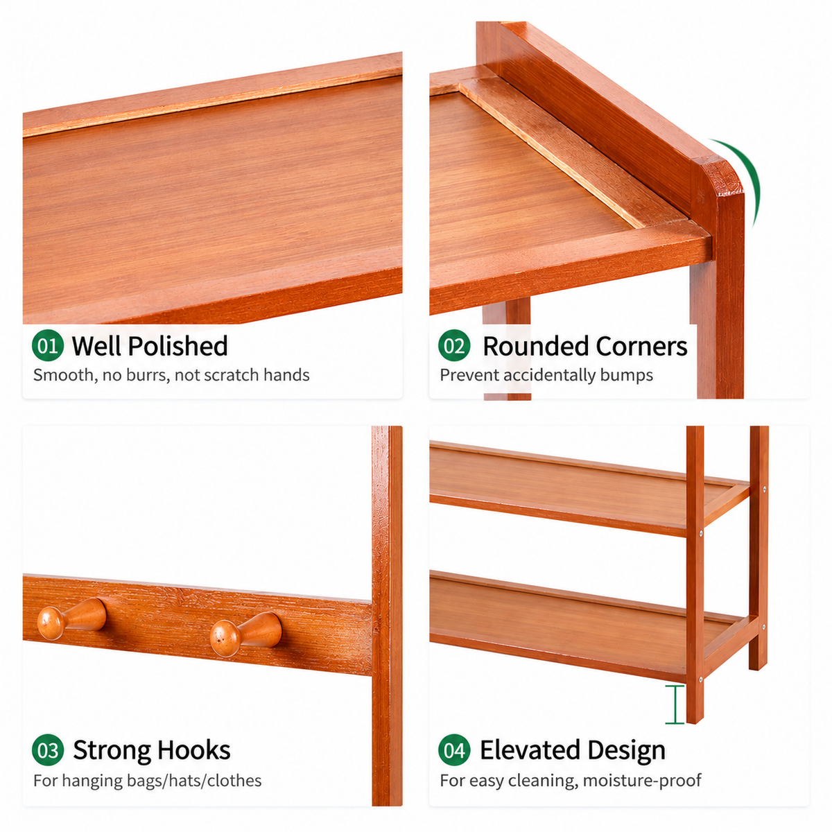 Four close-ups of the bamboo coat and shoe rack showing a shelf surface, rounded corner, wooden hooks and raised shelf legs
