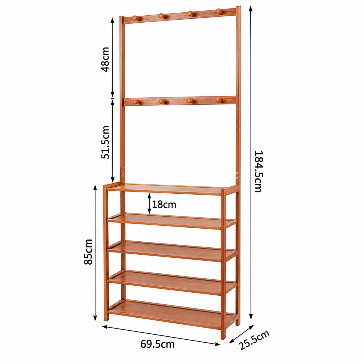 Bamboo coat and shoe rack dimensions diagram showing overall size, hook spacing, shelf height and shelf gap