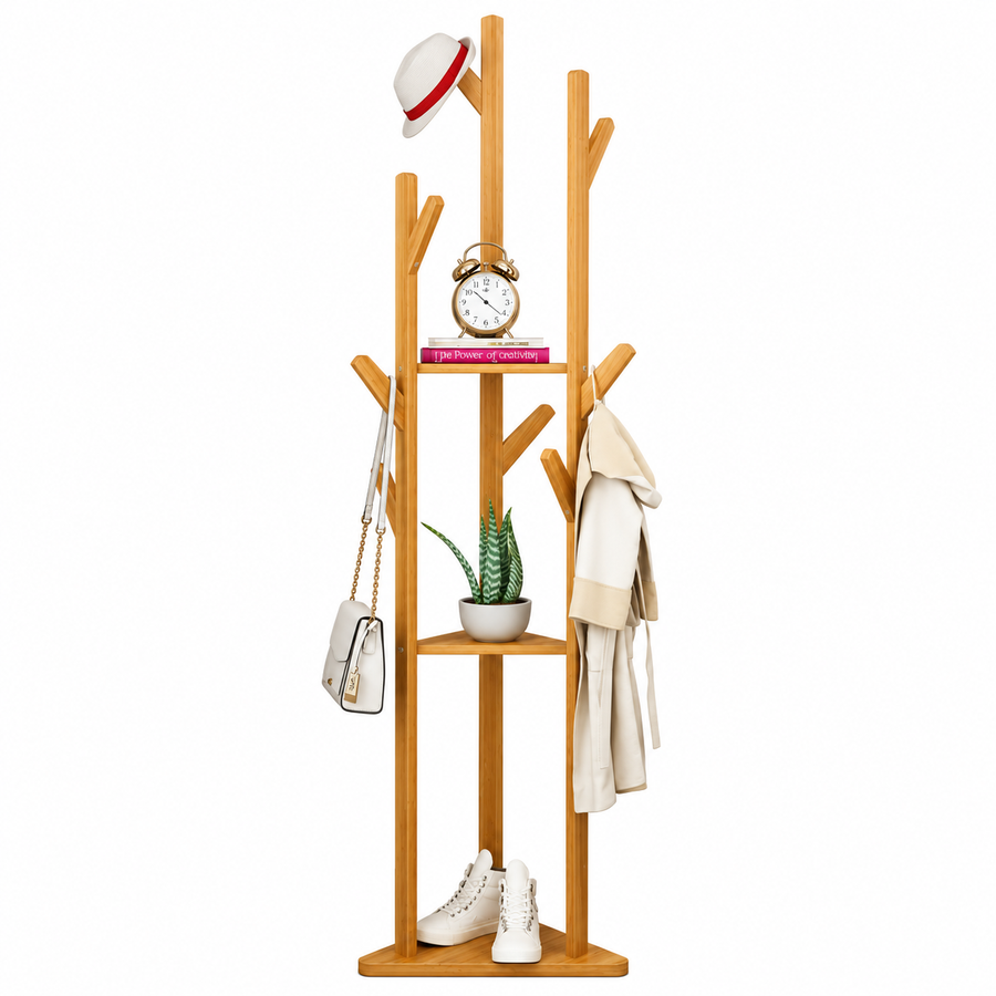 Bamboo Coat Rack Freestanding, 3-Tier Tree Hat and Coat Stand