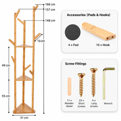 Bamboo coat rack dimensions diagram with the included floor pads, hooks, wooden dowels, screws and wrench