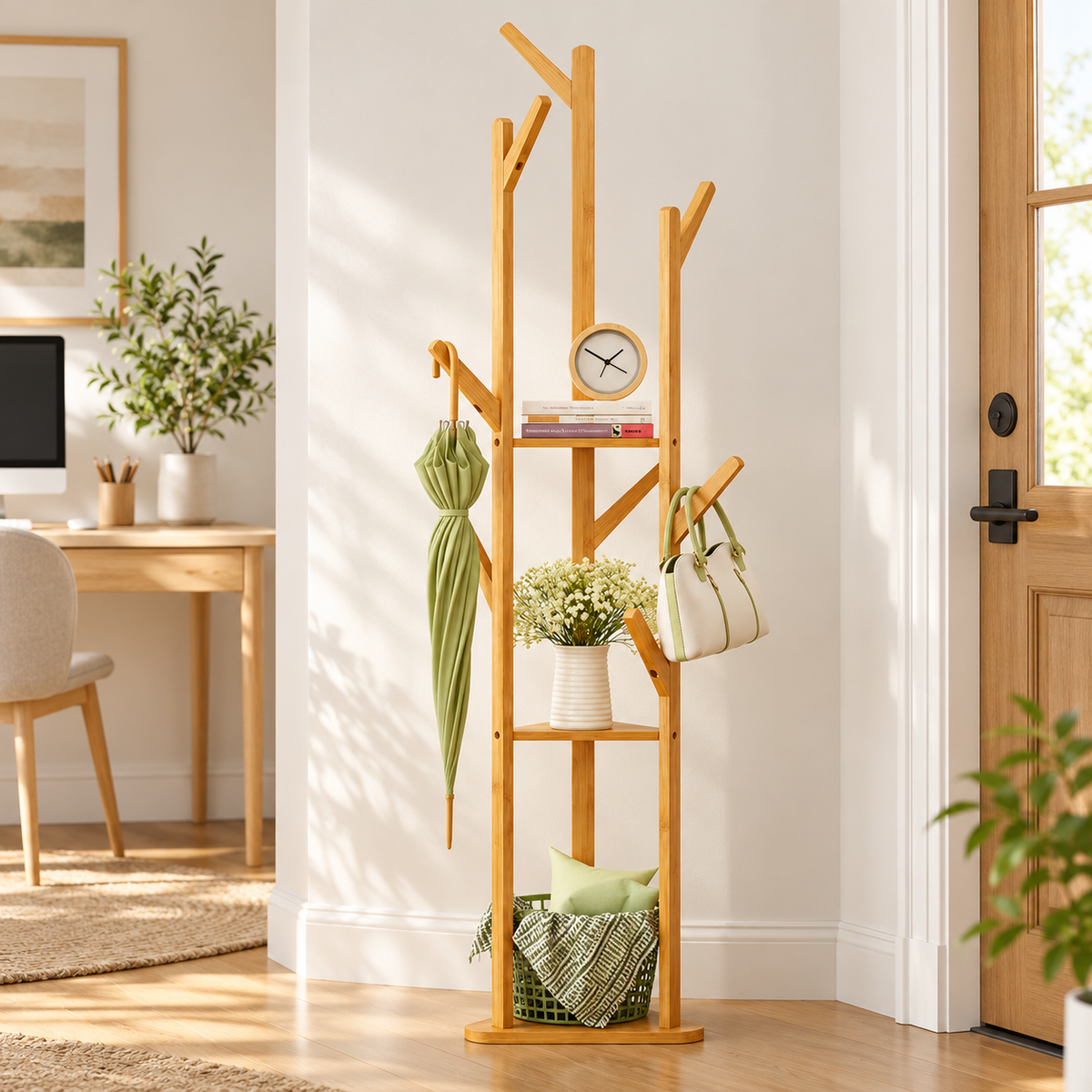 Bamboo tree coat rack in an entryway with an umbrella and handbag on the hooks, books and a vase on the shelves