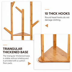 Close-up of the round-head branch hooks and the triangular thickened base of the bamboo coat rack