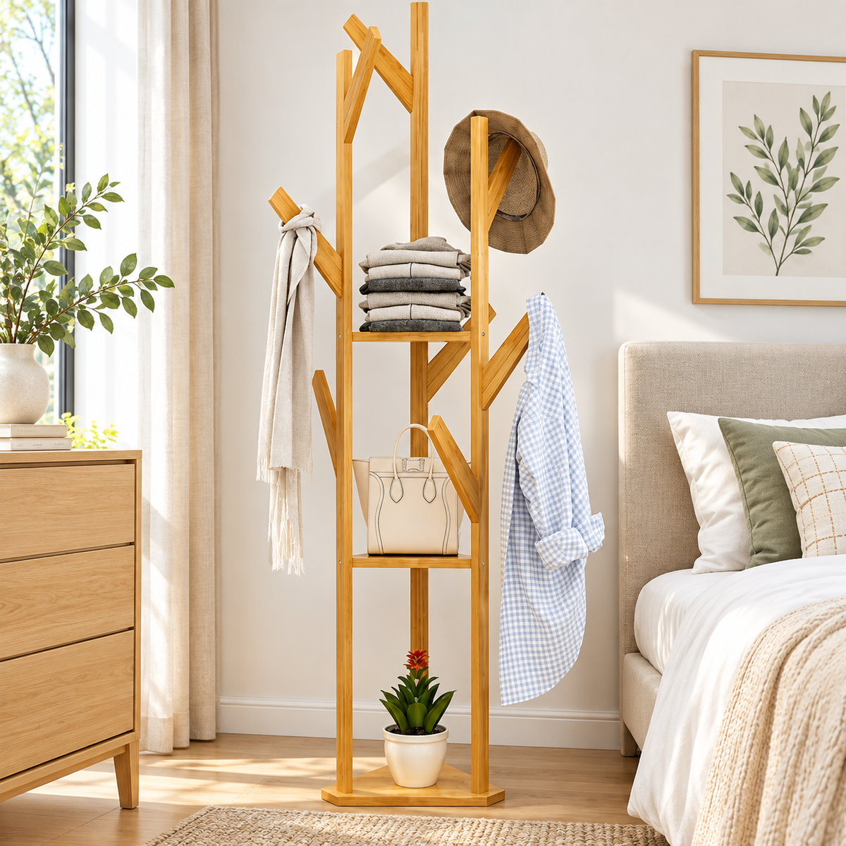 Bamboo tree coat rack in a bedroom with a scarf, hat and shirt on the hooks and folded sweaters and a handbag on the shelves
