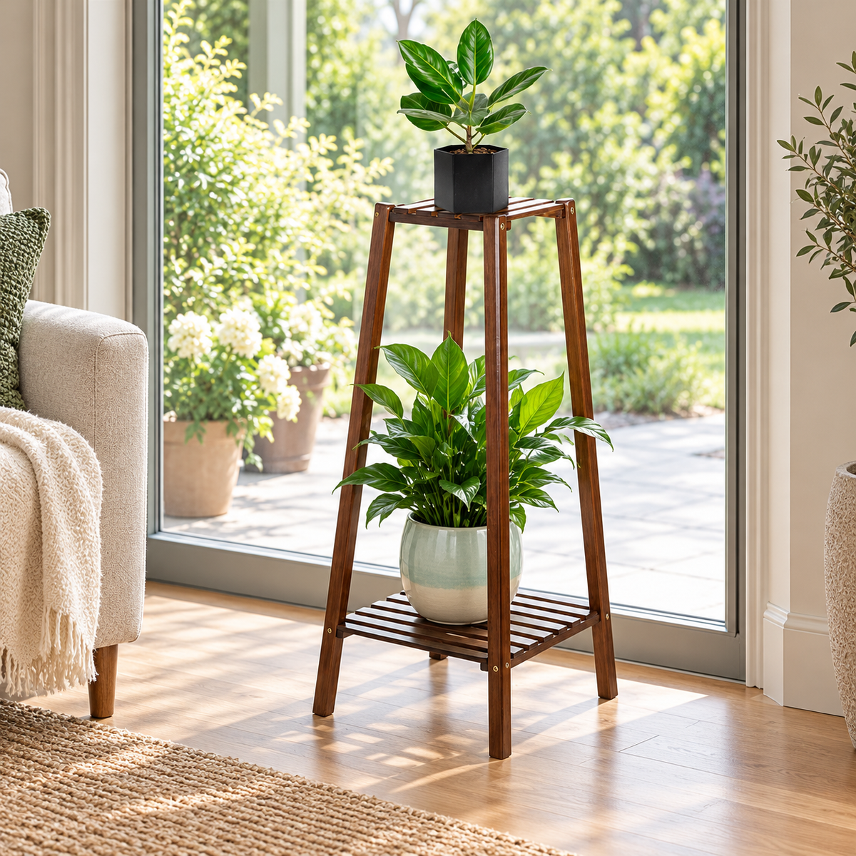 Dark brown bamboo plant stand by a sliding glass door holding a small potted plant above a ceramic pot