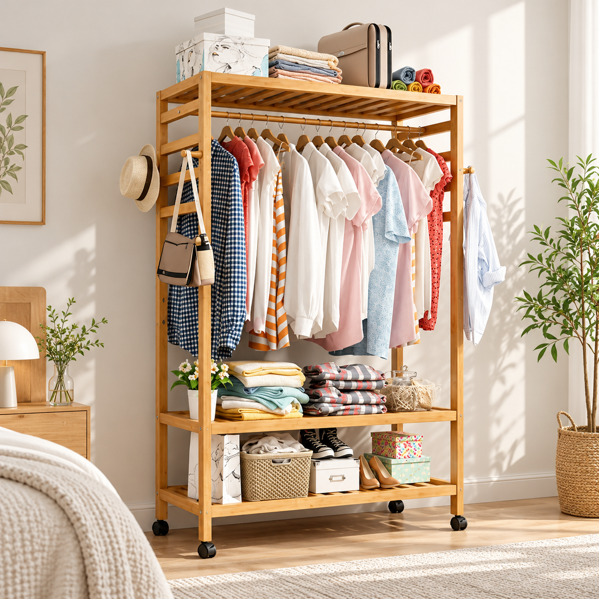 Bamboo rolling clothes rack in a bedroom with clothes on the rail and folded clothes, baskets and shoes on the shelves