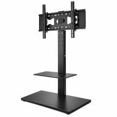 Black steel swivel TV floor stand with a VESA bracket, one shelf on the column and a rectangular base on a white background