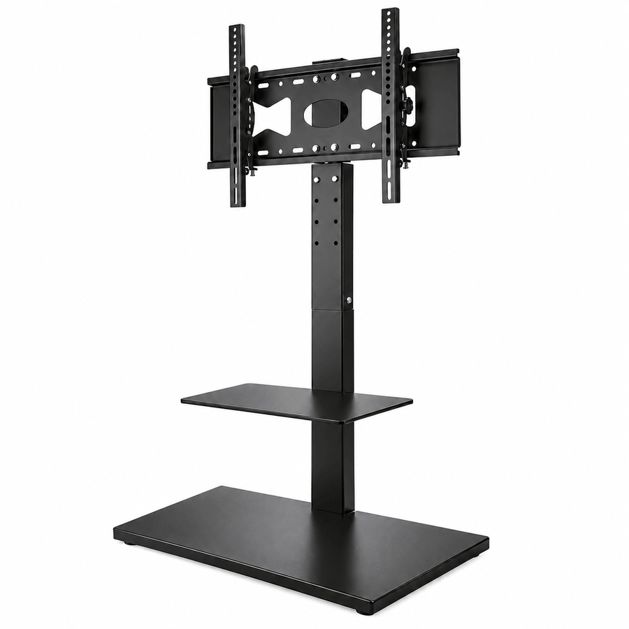 Black Steel Swivel TV Floor Stand with Shelf for 32-65 Inch TVs