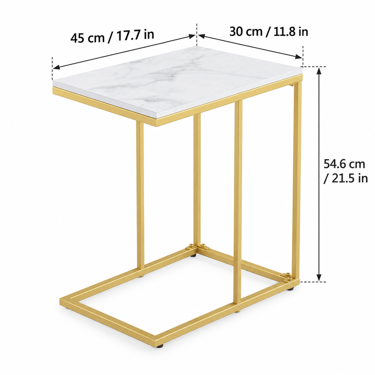Dimensions diagram of the white and gold C shaped side table showing its length, width and height